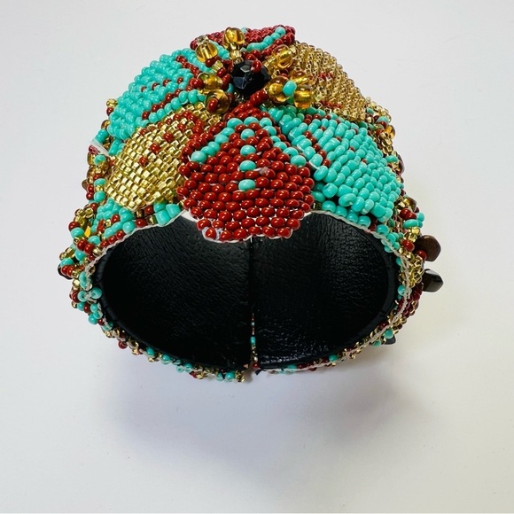 NATIVE AMERICAN SEED BEAD WIDE CUFF BRACELET FLORAL DESIGN TIGER EYE - Picture 5 of 9